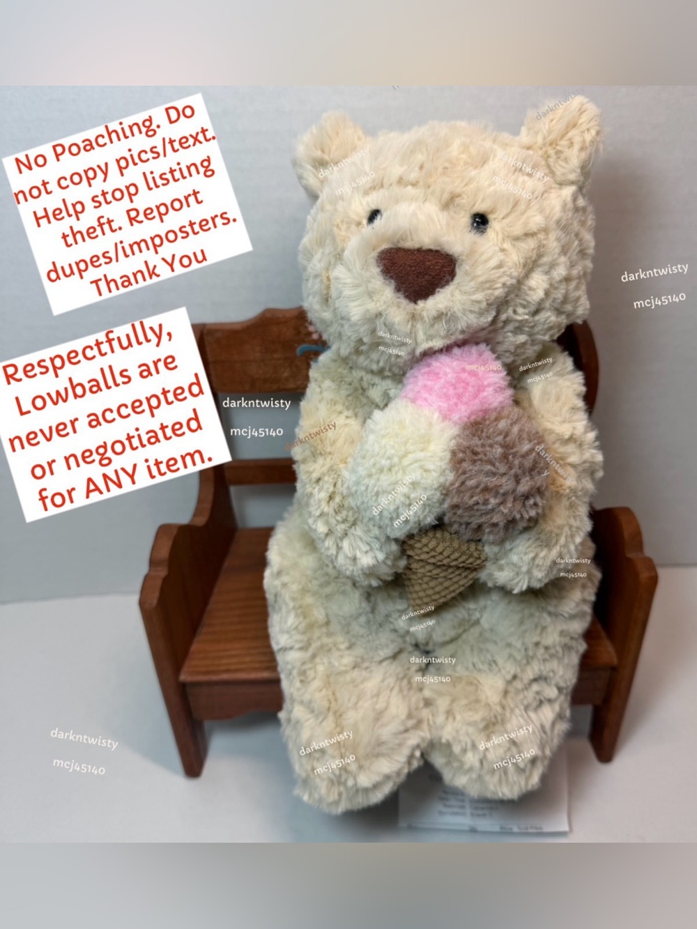 1 OWNER 1 BNWT FAO JELLYCAT OATUS BEAR W ICE CREAM CONE SHIPS WW AUTH RECEIPT